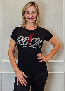 Tshirt Feminina Baby Look Preta Rock Raio Vermelho Pedraria
