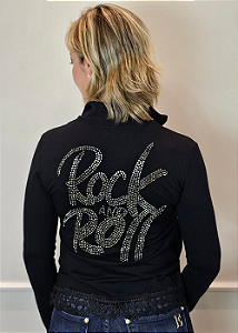 Jaqueta Feminina Preta Moletinho com Renda Rock and Roll Grey Pedraria