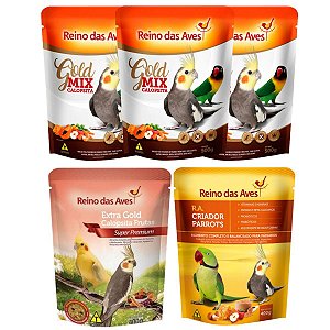 3 Mix de Sementes + Extra Gold Frutas + RA Parrots Para Calopsita - Reino das Aves