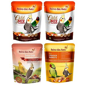 2 Mix de Sementes + Extra Gold Frutas + RA Parrots Reino das Aves Para Calopsita Agapornis e Ring Neck