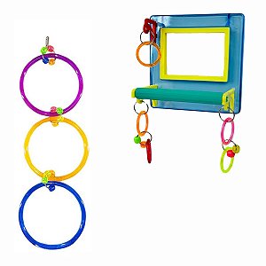 2 Brinquedos Para Calopsitas Agapornis e Periquitos Espelho e Argolas