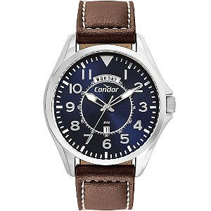 Relógio Masculino Prata Azul Couro Condor