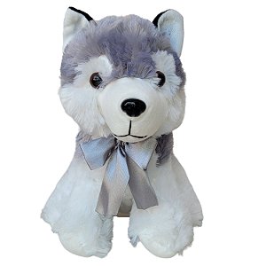 Cachorrinho De Pelúcia Husky Siberiano Cinza Com Laço 24cm