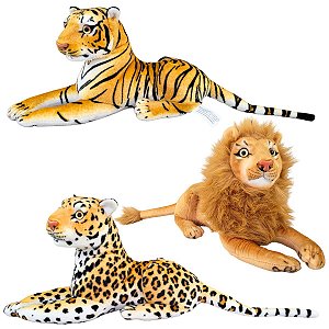 Leão Tigre Onça Kit Com 3 Pelúcias Bichos Safari Realista
