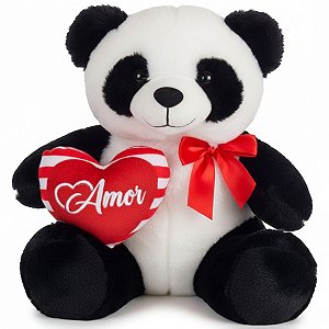 Urso Panda de Pelúcia Com Coração Amor 25cm Pandinha Te Amo