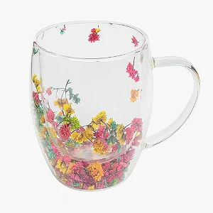Xícara De Vidro Parede Dupla Com Flor Seca