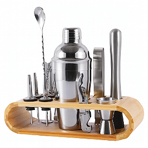 Kit Coqueteleira Profissional em Aço Inox com Suporte 12 Peç
