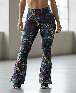 Calça Legging Feminina Flare Bailarina Estampada Rabiscos de Neon