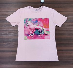 Camiseta Acostamento Estampa Lobo Colorido - Cor Rosa Chá