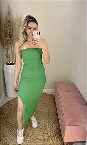 Vestido midi tomara que caia verde bandeira