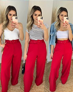 Calça pantalona alfaiataria vermelha com cinto