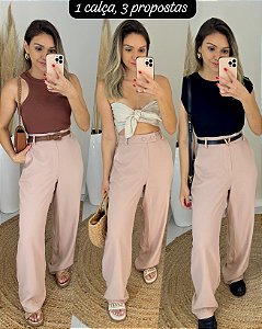 Calça pantalona alfaiataria dois botões bege