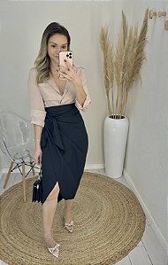 Saia midi linho amarração elegante