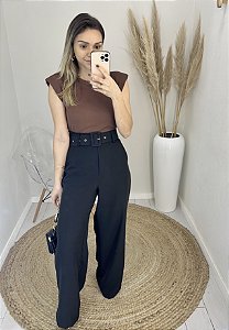 Calça pantalona alfaiataria com cinto preta