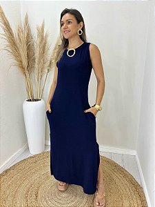 Vestido Moletinho Básico Midi Marinho