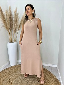 Vestido Moletinho Básico Midi Marrom Bege