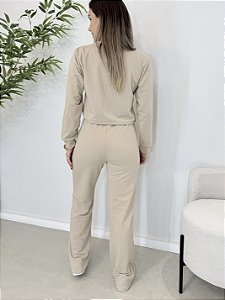 Conjunto feminino blusa manga longa e calça moletinho premium bege
