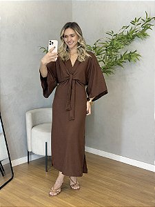 Vestido Midi de Linho Marrom