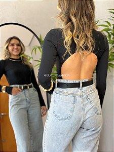 Body Feminino Gola Alta Manga Longa Costas Nuas Cor Preta