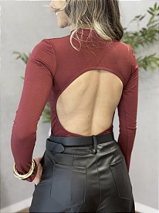 Body Feminino Gola Alta Manga Longa Costas Nuas Vinho