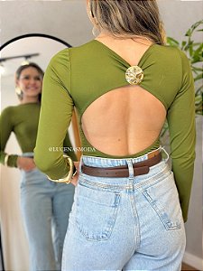 Body Feminino Manga Longa Costas Abertas Detalhe Dourado