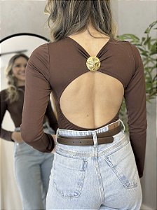 Body Feminino Manga Longa Costas Abertas com Detalhe Dourado