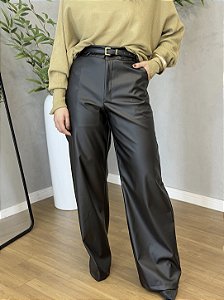 Calça Pantalona Courino Preta Feminina