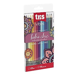 Lápis de Cor Boho Chic 12 Cores Vibes Paletas Especiais TRIS 12 Cores Especiais + 1 Lápis 6B