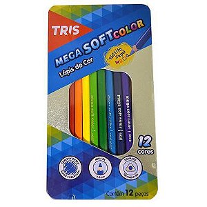 Lápis de Cor Mega Soft Color 12 Cores + Estojo de Metal TRIS Escrita Super Macia Cores Intensas