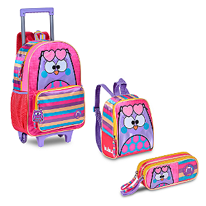 Kit Escolar Oficial Mochila de Rodinhas + Lancheira + Estojo Duplo Bubu e as Corujinhas Clio Style + Uatt?