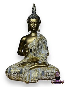 Buda Ouro Abencoando Det. Espelho Sentado Em Resina 28Cm