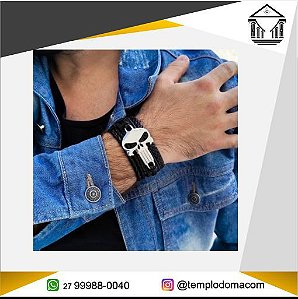 Kit Caveira (Pulseira Caveira Couro Preto + Pulseira Corda e Bolinhas