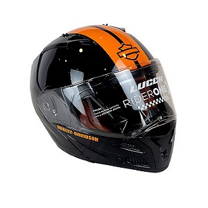 Capacete Escamoteável Lucca Mod. Rider One 1 - Customizado por MTX Imports  - Laranja c/ Faixa Dupla Preta Skull - MTX Imports - Acessórios e Peças  para Harley Davidson