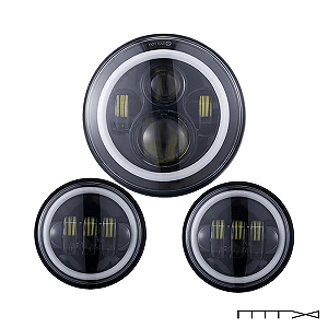 Kit Farol c/ Angel de 7" com suporte e com auxiliares de 4.5" em LED - Fundo Preto - CH Parts