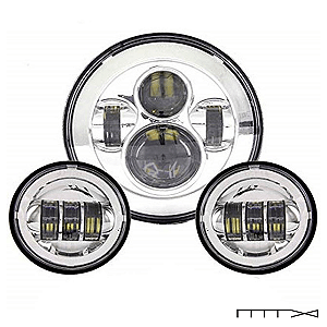 Kit Farol de 7" com suporte e com auxiliares de 4.5" em LED - Fundo Cromado - CH Parts