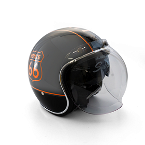 Capacete Aberto Lucca Mod. Sublime Route 66 - Customizado por MTX Imports - Cor Gray com faixa Preta escrita Laranja
