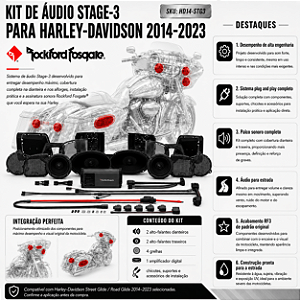 Kit Completo de áudio Rockford Fosgate Stage 3 (800w) para Harley Road Glide / Street Glide 2014-2023