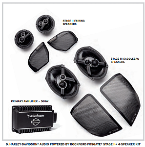 Kit  de Áudio Stage II+ Rockford Fosgate = 4 Speaker 5x7" (2) Fairing STG II  + (2) Alforjes 6X9" STG III -  Road Glide