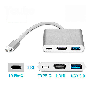Conversor Tipo C Para HDMI, USB 3.0 e Tipo C Compatível Com Celular, Notebook e Macbook