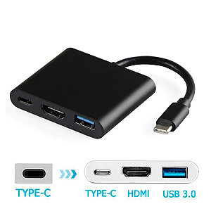 Conversor Tipo C Para HDMI, USB 3.0 e Tipo C Compatível Com Celular, Notebook e Macbook