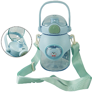 Garrafa Squeeze de Plástico Infantil Com Canudo, Infusor, Botão e trava Com 800ml