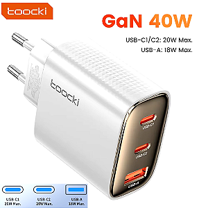 Carregador 40W GaN, 2 Tipo-C + 1 USB-A, PD 3.0 QC 3.0 para Samsung, iPhone 15 - Toocki
