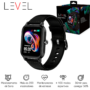 SmartWatch Level LVW-10, Tela TFT de 1.83", iOS e Android, Pulseira Preta de Couro
