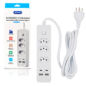 Extensão 3 Tomadas, 2 Usb, 2 Tipo C, Bivolt - Knup BX2203