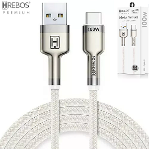 Cabo Tipo C 100W com 1 Metro, Tecido Trançado, Metal, Branco - Hrebos CB-218C