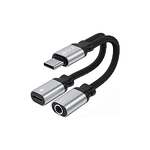 Adaptador de Fone de Ouvido Tipo C para Áudio P2 3.5mm (Música) + Tipo C (Carregamento) - Hrebos HS-229