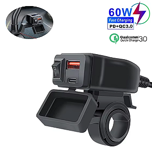 Carregador Tomada USB e Tipo C para Moto PD + QC3.0, 60W, 12V À Prova D'Água para Guidão