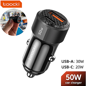 Carregador Para Carro com 2 Saídas USB e Tipo C 50W, Preto - Toocki