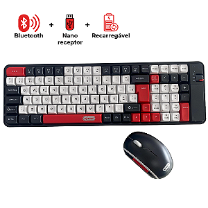 Kit Teclado e Mouse Sem Fio Bluetooth e Wireless 2.4GHz, Recarregável, Vermelho - Knup KP-TE129