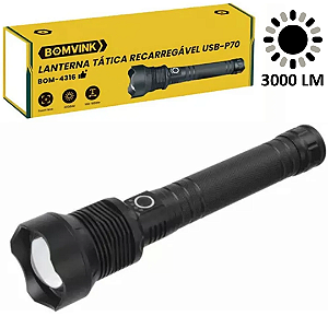 Lanterna Tática Recarregável com 3000 Lúmens e Zoom Telescópico Lâmpada P70 - BomVink Bom-4316